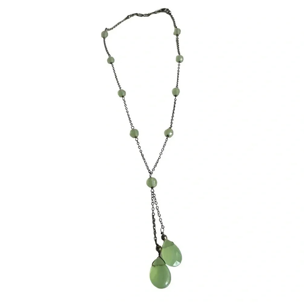Silver chain green beaded necklace women’s jewelry